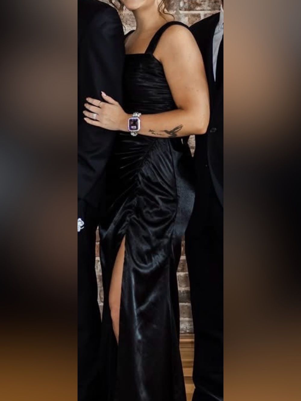 Azazie Black Square-Neck Evening Gown Stretch Satin with Side Ruched Slit